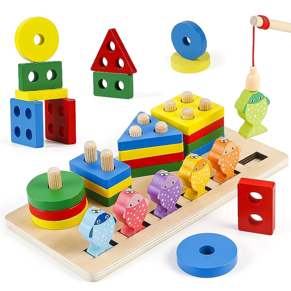 Juego Didáctico 2 en 1 en Madera: Base Encajable de Figuras Geométricas y Pesca Magnética de Peces