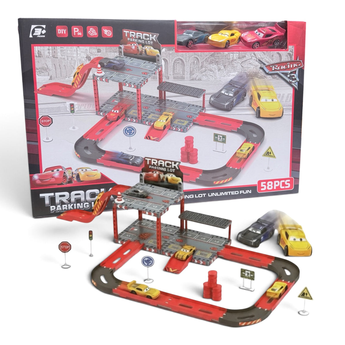 Pista de Carreras DIY Cars 3 con Estacionamiento